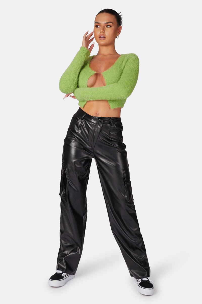 LONG SLEEVE KAIIA TRIM FLUFFY KNIT TOP GREEN