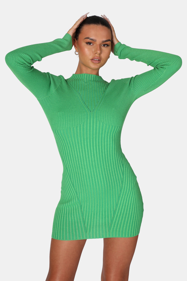KNITTED HIGH NECK LONG SLEEVE CONTRAST STITCH MINI DRESS GREEN