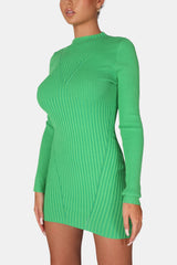 KNITTED HIGH NECK LONG SLEEVE CONTRAST STITCH MINI DRESS GREEN