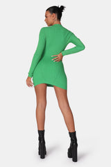 KNITTED HIGH NECK LONG SLEEVE CONTRAST STITCH MINI DRESS GREEN