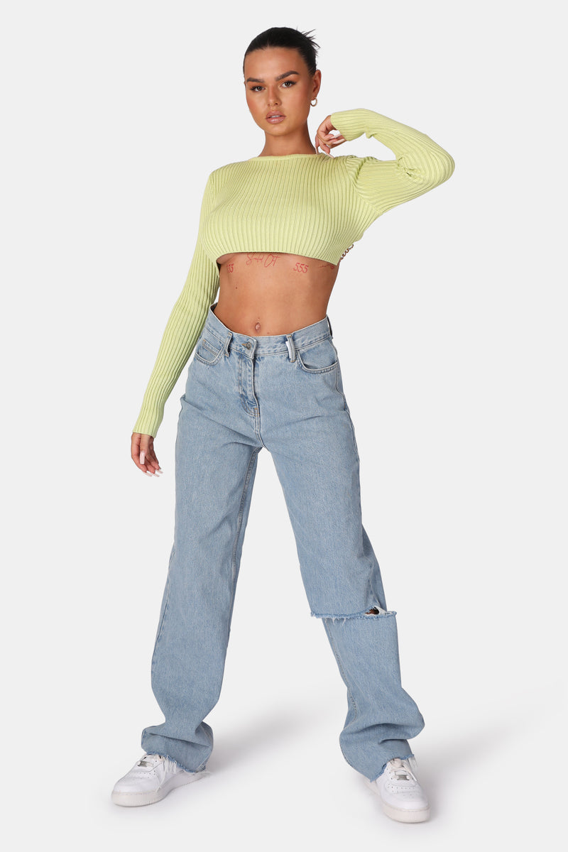 OPEN CHAIN BACK KNITTED CROP TOP LIME
