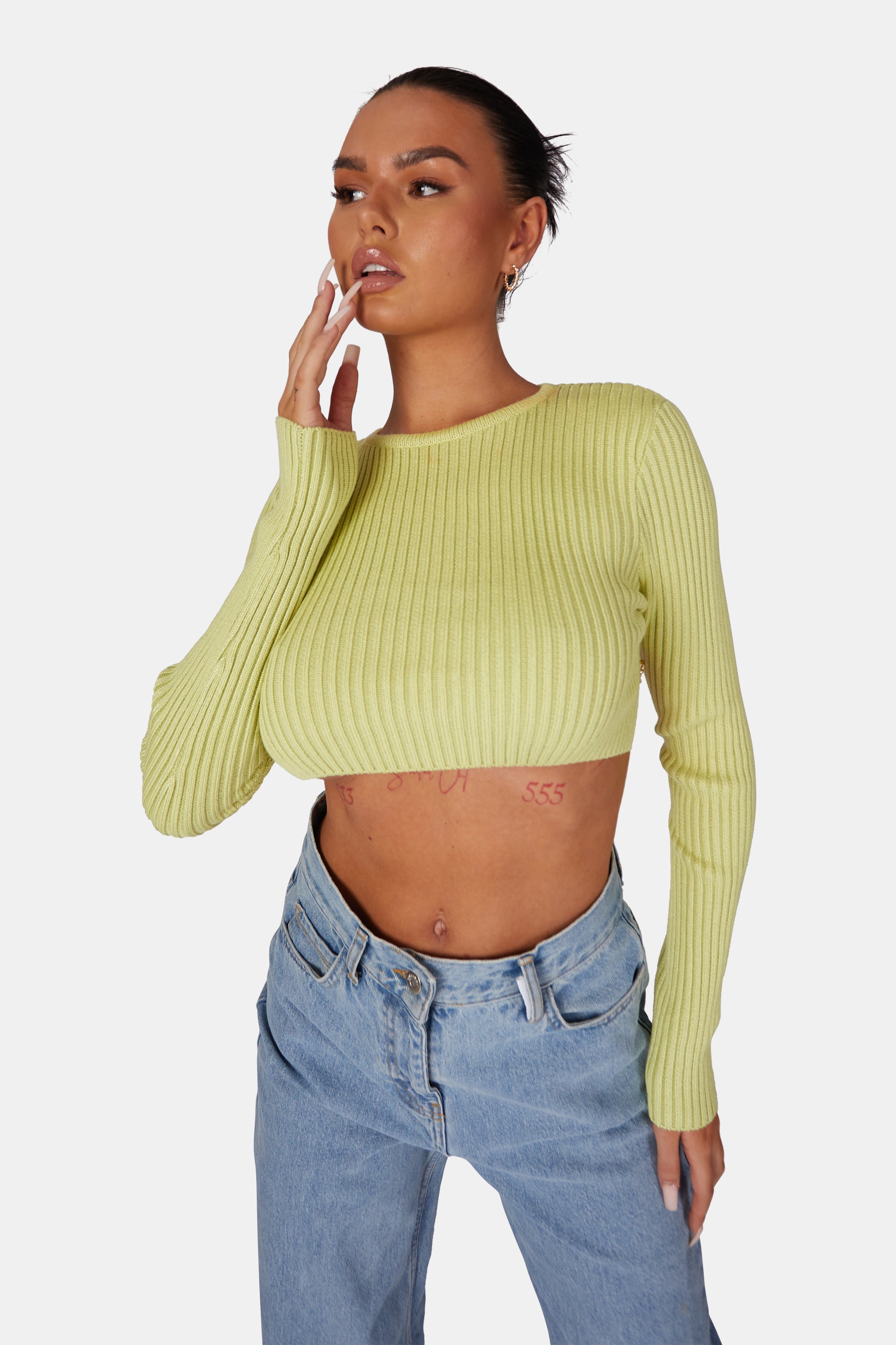 OPEN CHAIN BACK KNITTED CROP TOP LIME