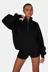 OVERSIZED HALF ZIP PULLOVER POCKET FRONT SWEATSHIRT BLACK