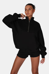 OVERSIZED HALF ZIP PULLOVER POCKET FRONT SWEATSHIRT BLACK