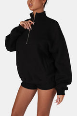 OVERSIZED HALF ZIP PULLOVER POCKET FRONT SWEATSHIRT BLACK