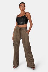 SPLIT HEM SATIN ELASTICATED WAIST WIDE LEG CARGO TROUSERS KHAKI