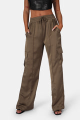 SPLIT HEM SATIN ELASTICATED WAIST WIDE LEG CARGO TROUSERS KHAKI