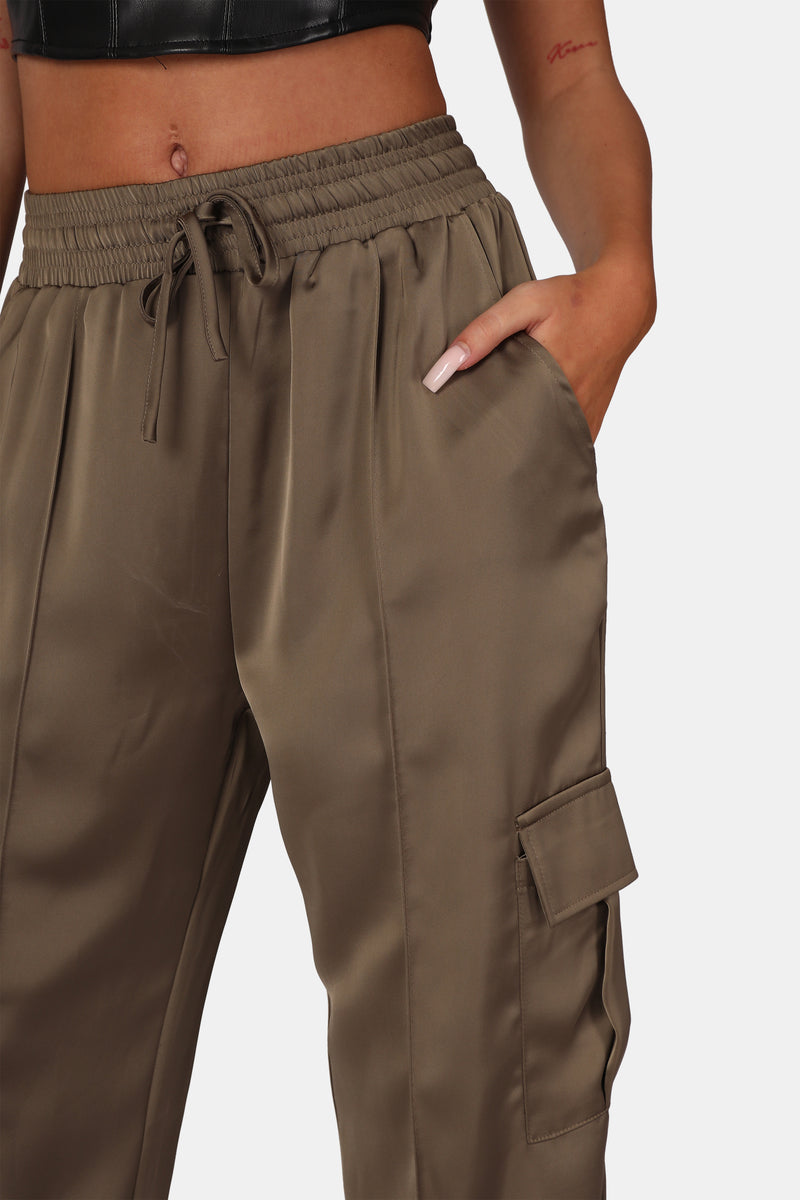 SPLIT HEM SATIN ELASTICATED WAIST WIDE LEG CARGO TROUSERS KHAKI