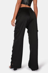 SPLIT HEM SATIN ELASTICATED WAIST WIDE LEG CARGO TROUSERS BLACK