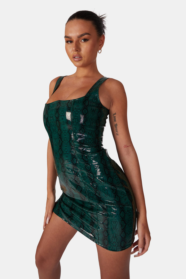 SNAKE PU CORSET MINI DRESS GREEN