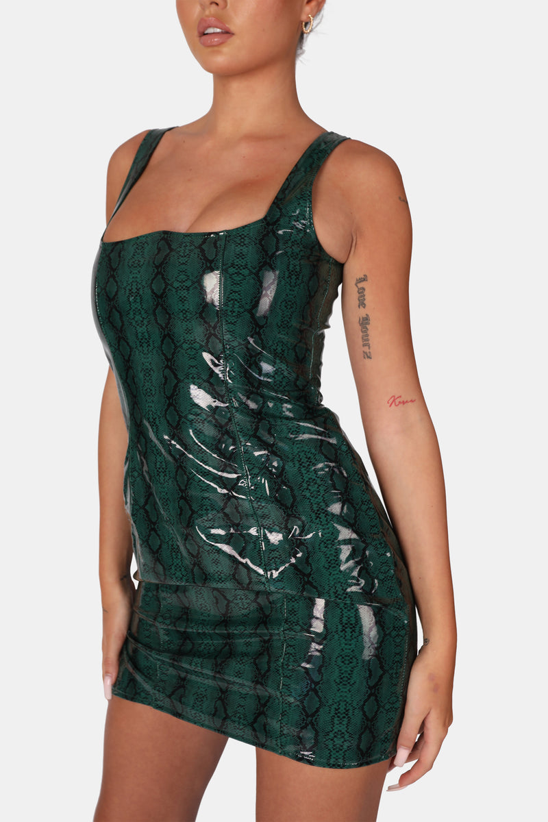 SNAKE PU CORSET MINI DRESS GREEN