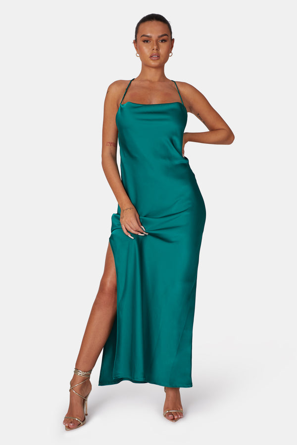 SPLIT HEM COWL NECK CROSS BACK MAXI DRESS EMERALD GREEN