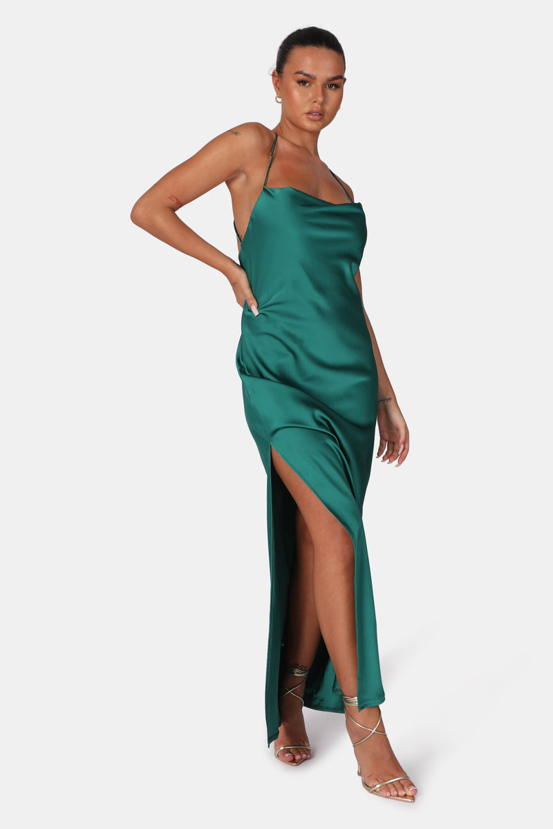 SPLIT HEM COWL NECK CROSS BACK MAXI DRESS EMERALD GREEN