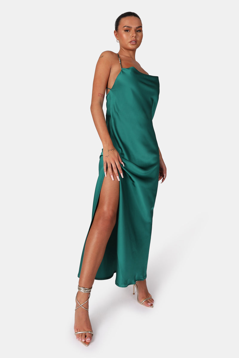 SPLIT HEM COWL NECK CROSS BACK MAXI DRESS EMERALD GREEN