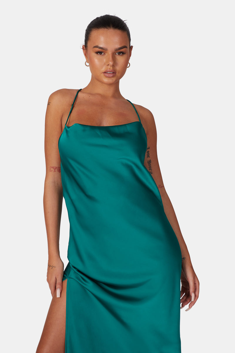 SPLIT HEM COWL NECK CROSS BACK MAXI DRESS EMERALD GREEN