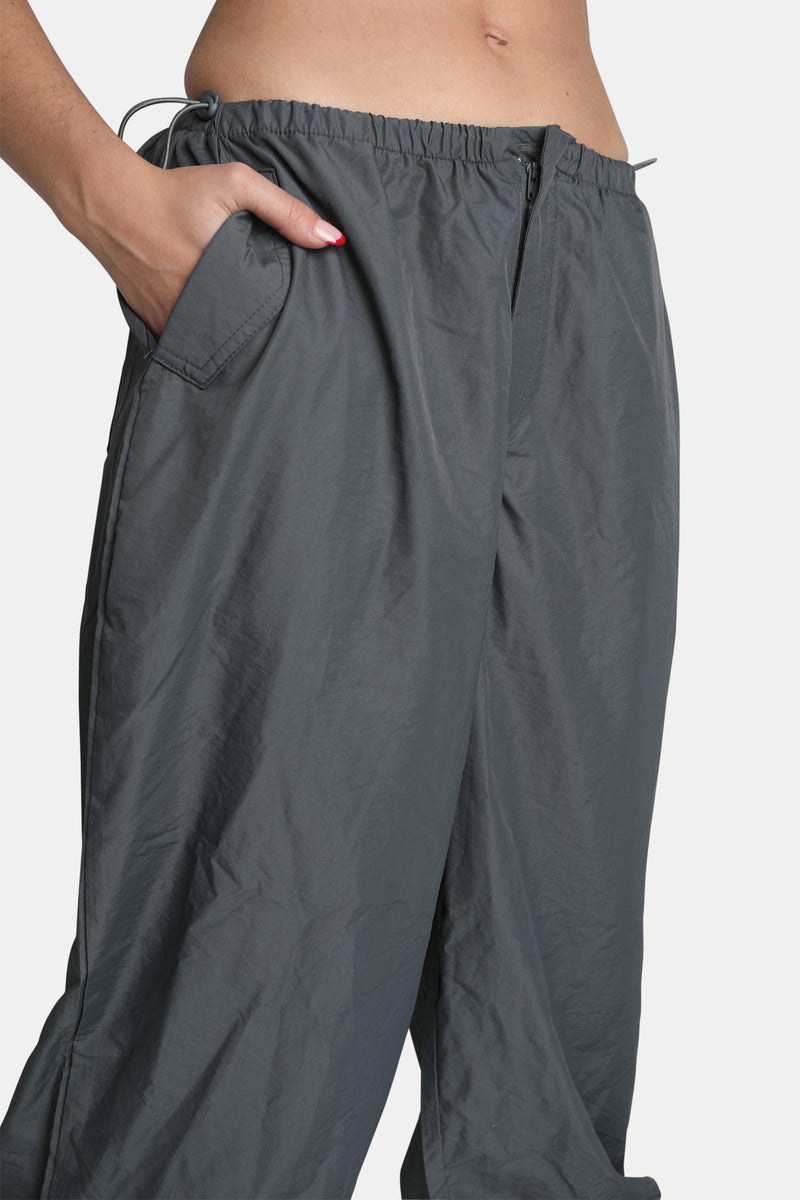 DRAWSTRING WAIST PARACHUTE CARGO TROUSERS GREY