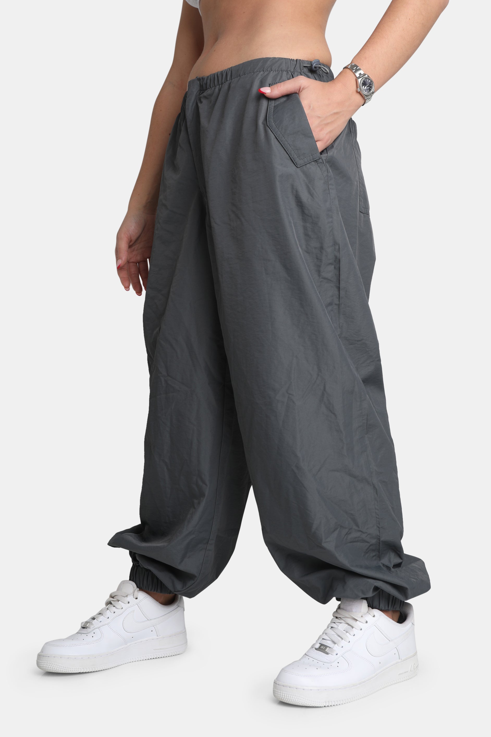 DRAWSTRING WAIST PARACHUTE CARGO TROUSERS GREY