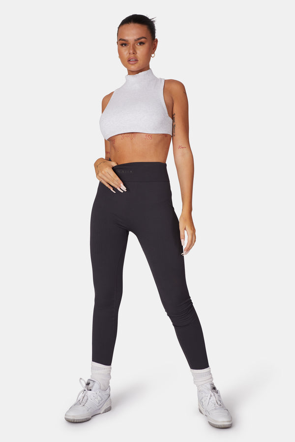 HIGH NECK RACER LOW SIDE RIB CROP TOP OATMEAL MARL