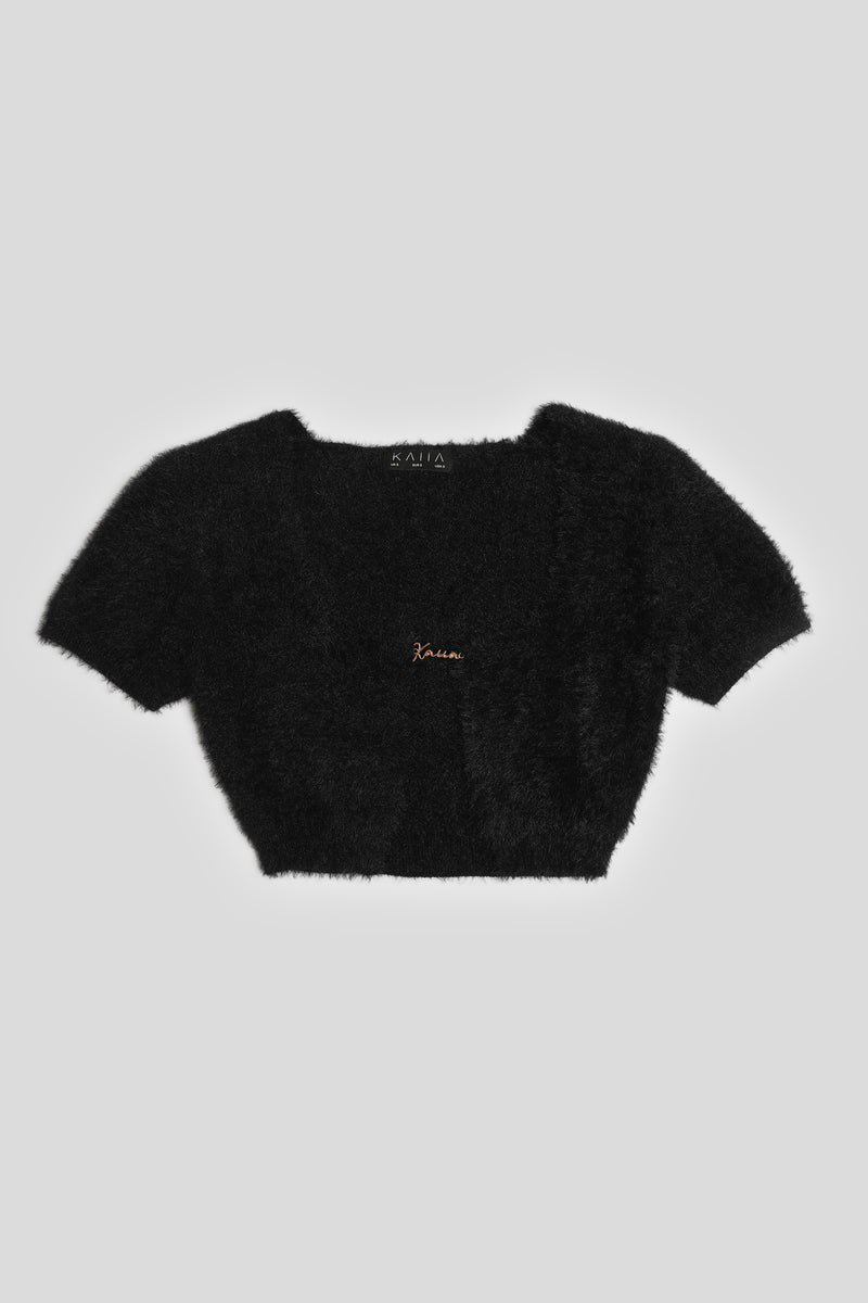 KAIIA TRIM FLUFFY KNIT TOP BLACK