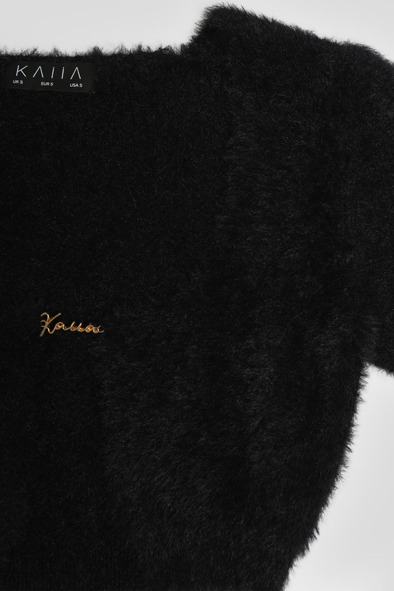 KAIIA TRIM FLUFFY KNIT TOP BLACK