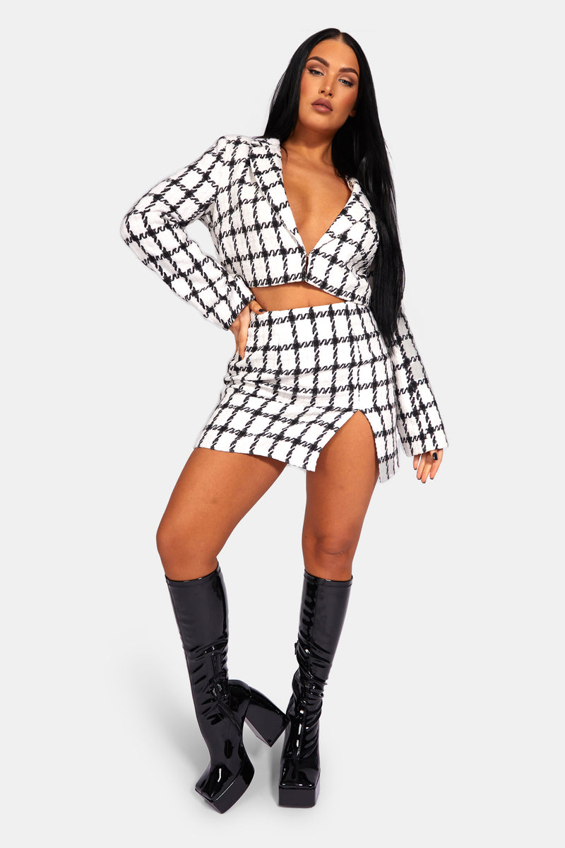 MONOCHROME TEXTURED CHECK CROPPED BLAZER IVORY