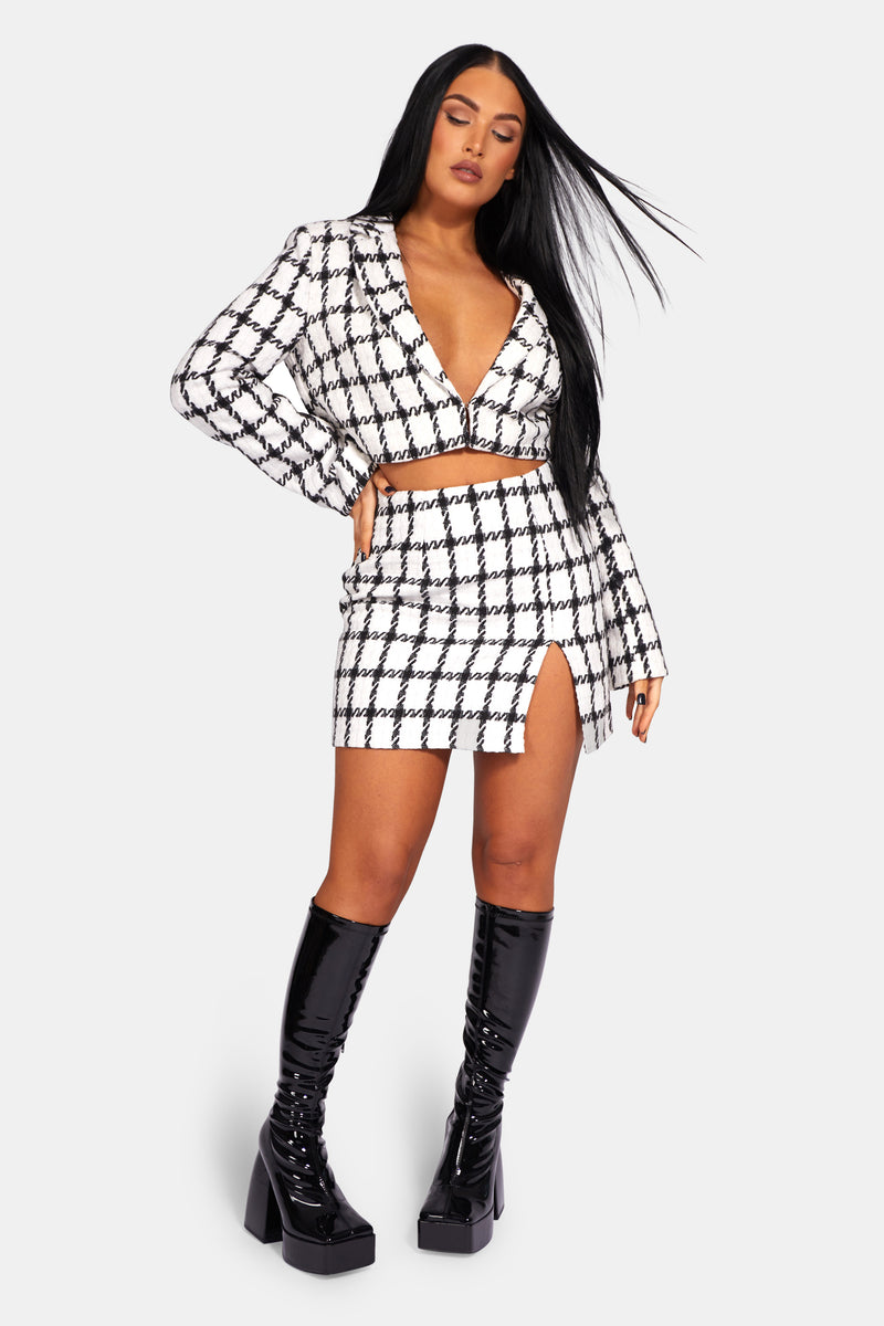 MONOCHROME TEXTURED CHECK CROPPED BLAZER IVORY