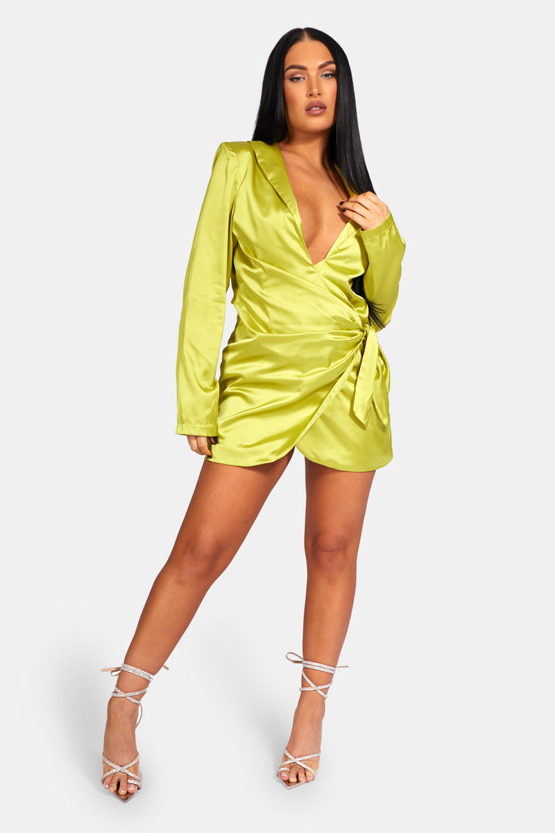 TIE WAIST SATIN BLAZER DRESS LIME