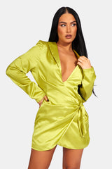 TIE WAIST SATIN BLAZER DRESS LIME