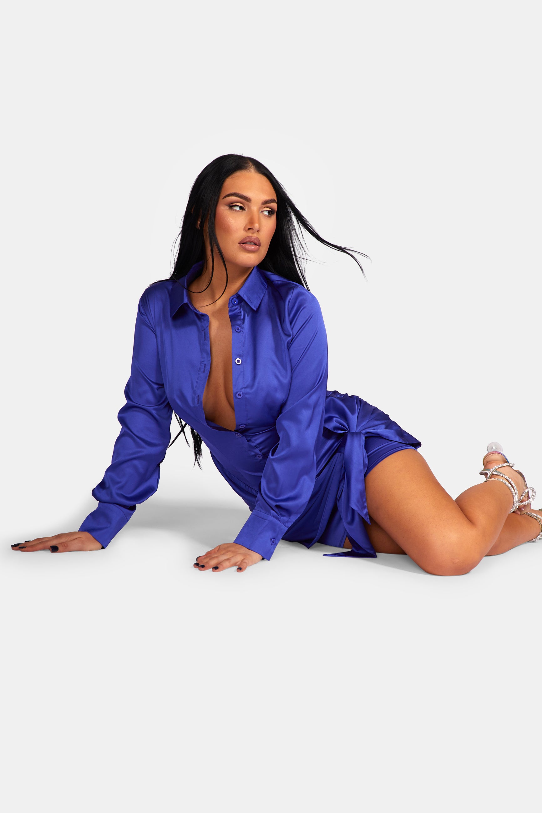 TIE WAIST SATIN SHIRT DRESS PURPLE Kaiia