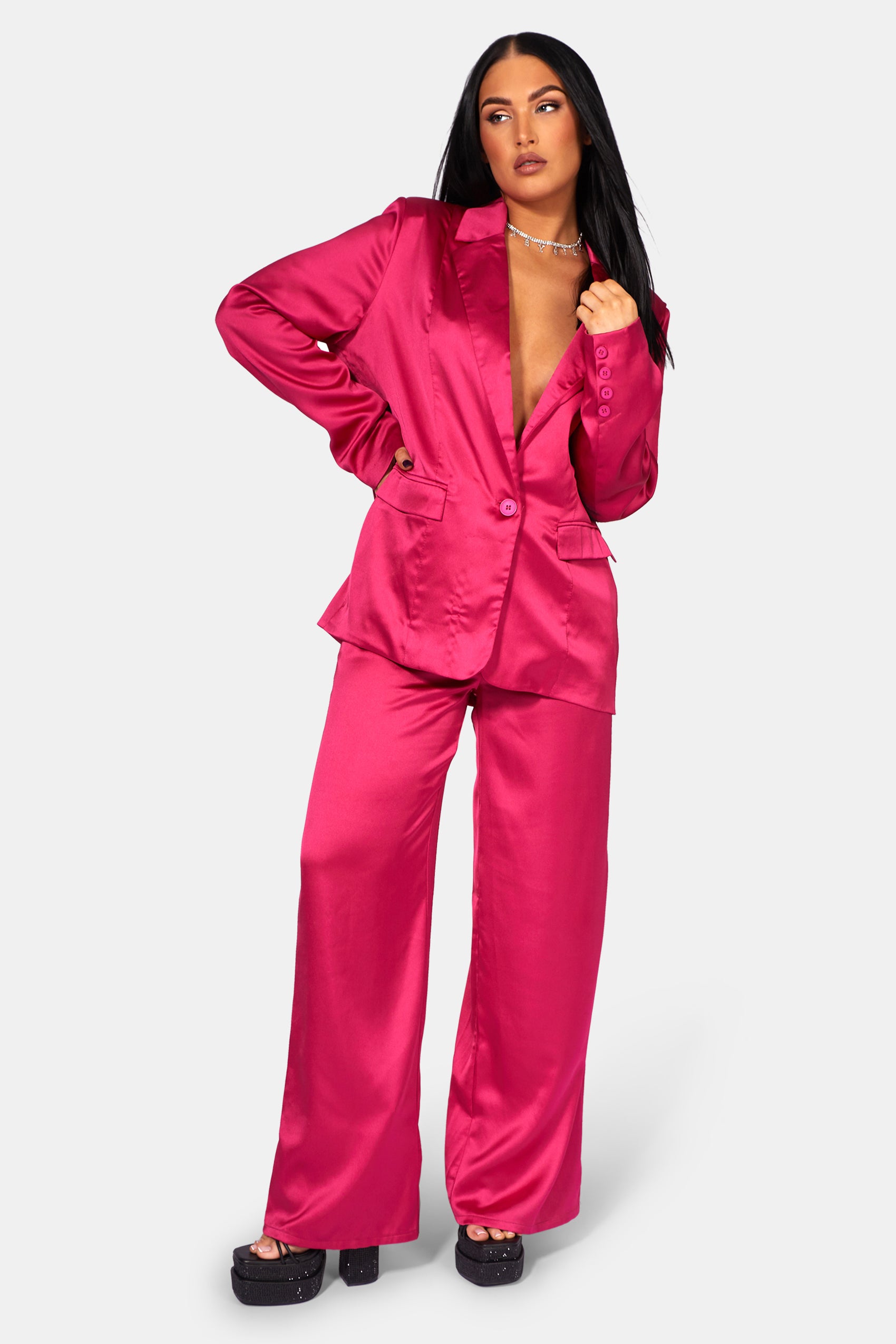 SATIN WIDE LEG TAILORED TROUSERS PINK