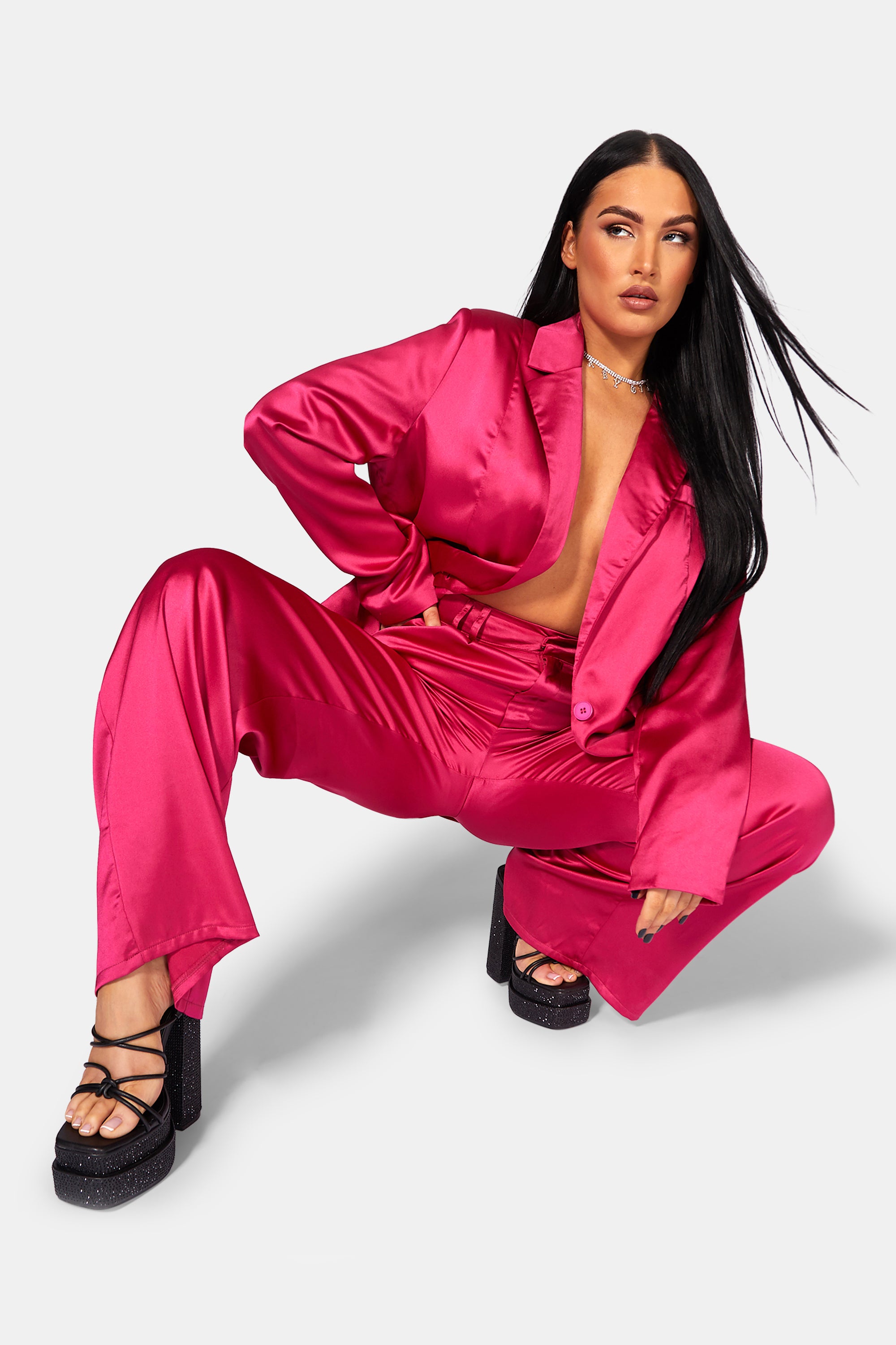 SATIN WIDE LEG TAILORED TROUSERS PINK