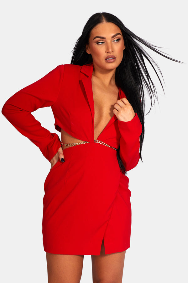 CUT OUT CHAIN WAIST BLAZER DRESS RED