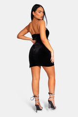 PLUNGE FRONT DIAMANTE TRIM VELVET MINI DRESS BLACK