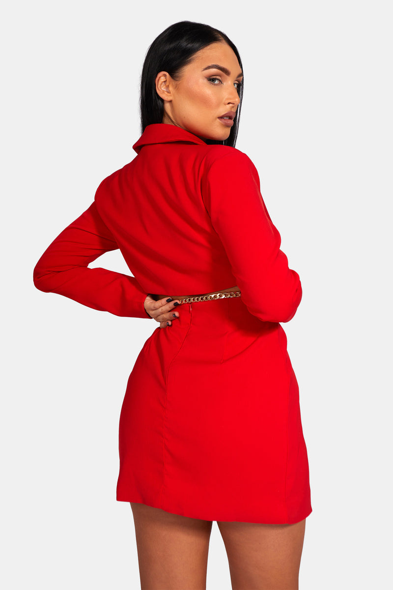 CUT OUT CHAIN WAIST BLAZER DRESS RED