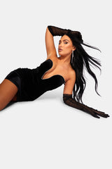 PLUNGE FRONT DIAMANTE TRIM VELVET MINI DRESS BLACK