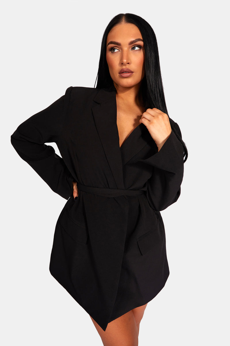 WRAP BELT BLAZER DRESS BLACK