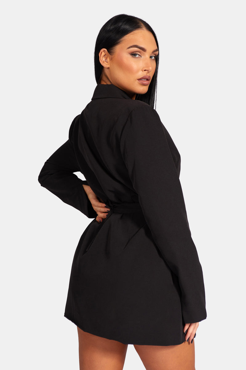 WRAP BELT BLAZER DRESS BLACK