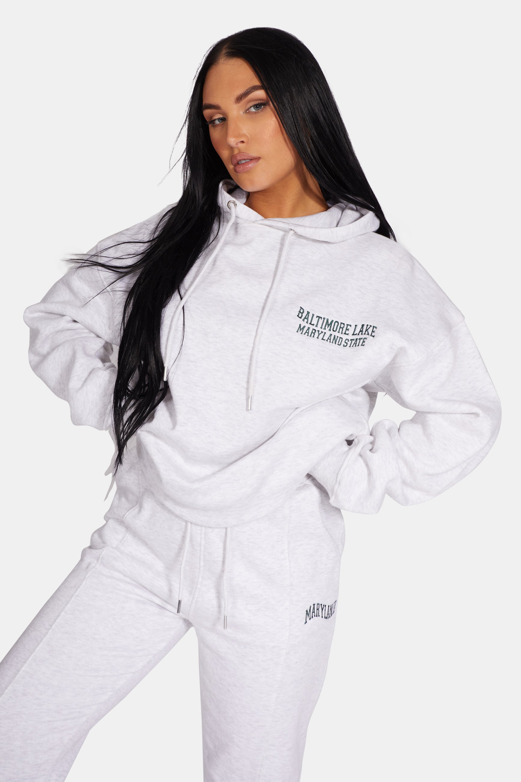 EMBROIDERED WAVE SLOGAN OVERSIZED HOODIE OATMEAL MARL