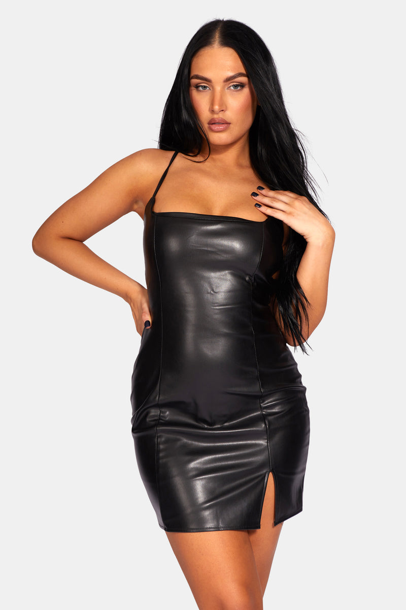 LACE UP PU MINI DRESS BLACK