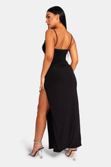 COWL NECK EXTREME SPLIT SLINKY MAXI DRESS BLACK