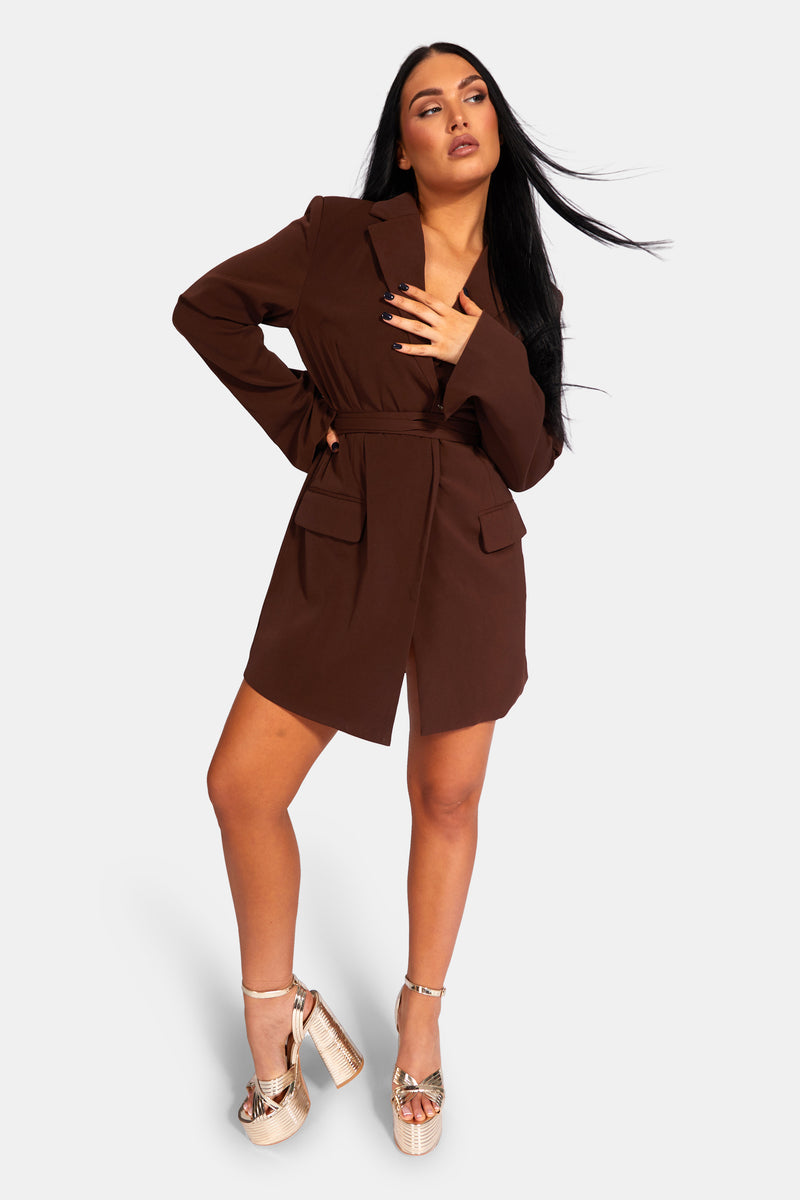 WRAP BELT BLAZER DRESS CHOCOLATE