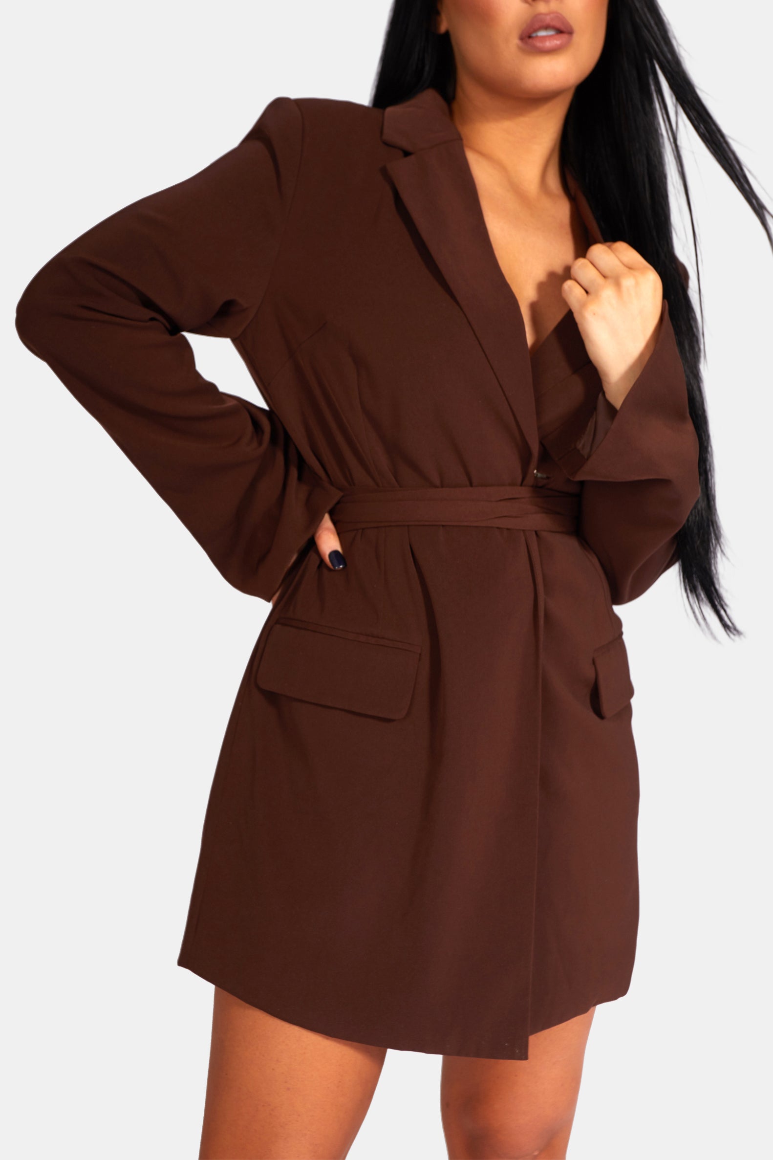 WRAP BELT BLAZER DRESS CHOCOLATE