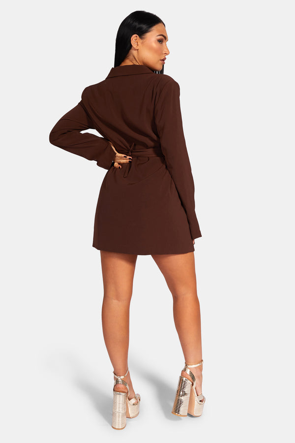 WRAP BELT BLAZER DRESS CHOCOLATE