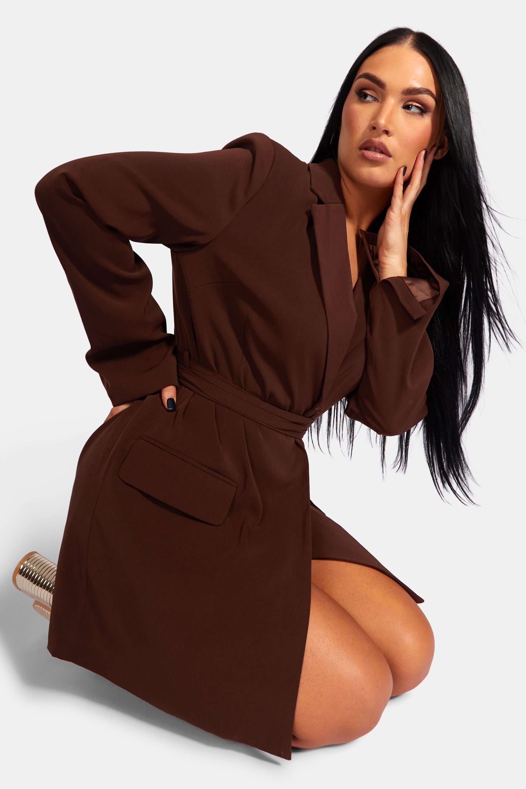 WRAP BELT BLAZER DRESS CHOCOLATE