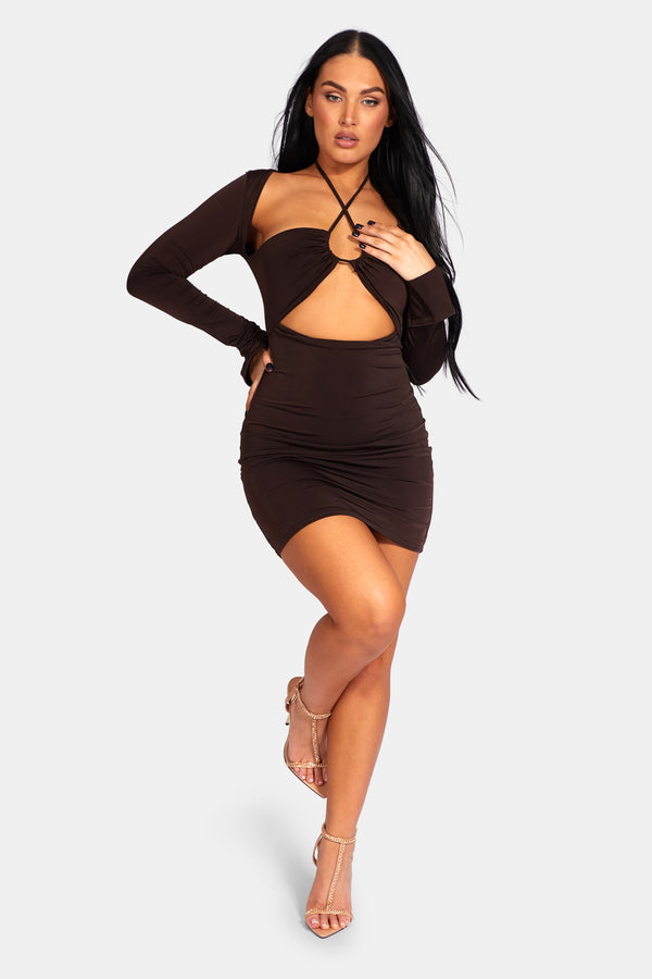 SLINKY RUCH BUST CUT OUT LONG SLEEVED DRESS CHOCOLATE