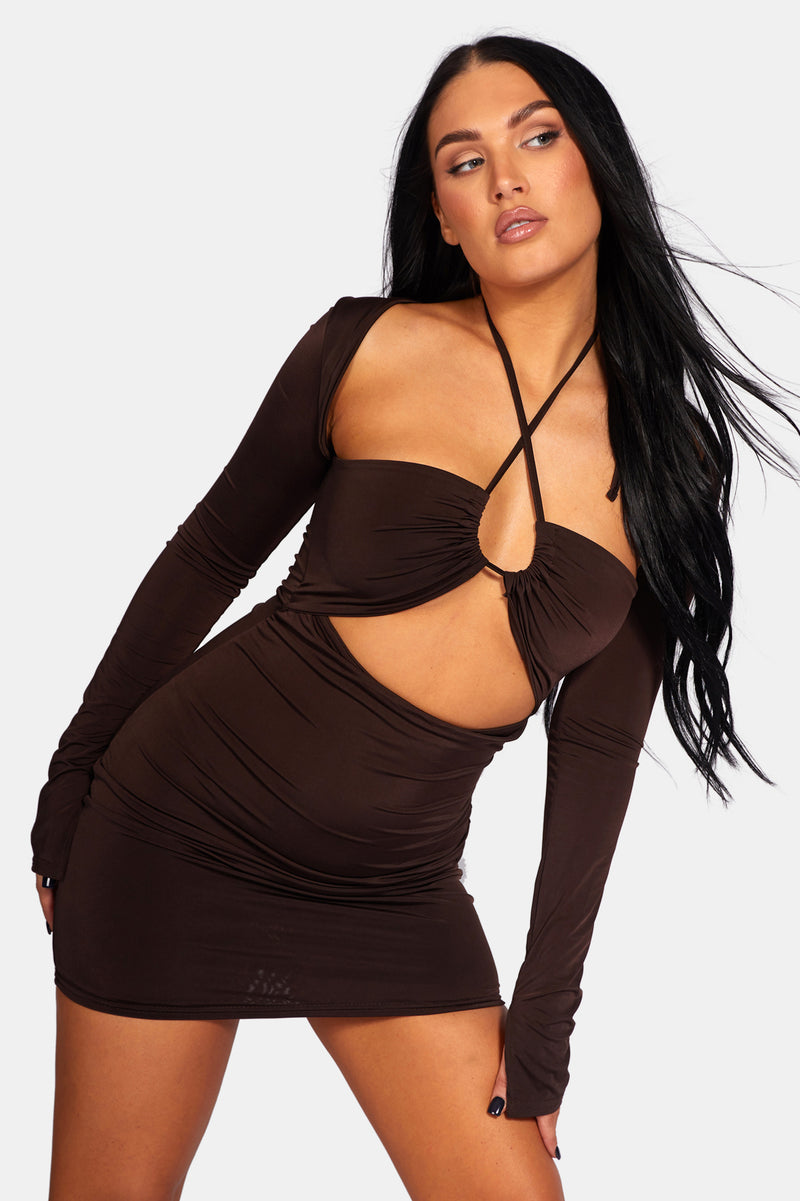 SLINKY RUCH BUST CUT OUT LONG SLEEVED DRESS CHOCOLATE