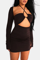 SLINKY RUCH BUST CUT OUT LONG SLEEVED DRESS CHOCOLATE