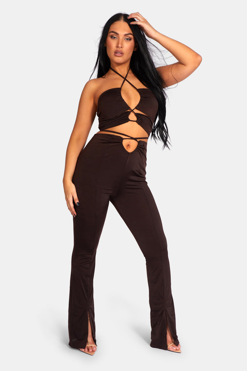 LOOP RUCHED HIGH WAIST SPLIT TROUSERS CHOCOLATE