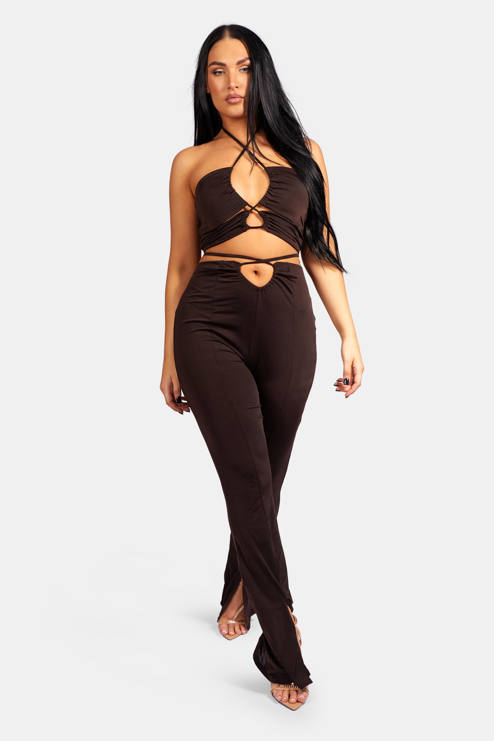 SLINKY LOOP RUCHING CROP TOP CHOCOLATE