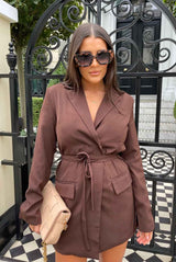 WRAP BELT BLAZER DRESS CHOCOLATE